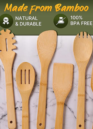 Wooden Utensil Set, Bamboo Utensils – 7 PCs Wood Spoons for Cooking, Easy to Clean, Sturdy, Lightweight & Heat Resistant