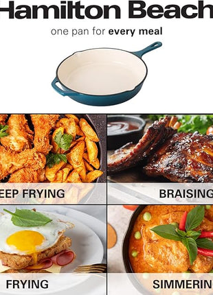 Hamilton Beach Enameled Cast Iron Fry Pan 12-Inch Navy, Cream Enamel Coating, Skillet Pan For Stove top and Oven, Even Heat Distribution, Durable