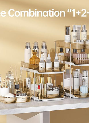 Delamu 2 Pack 3-Tier Bathroom Under Sink Organizers and Storage, Multi-Purpose Stackable Pantry Organization and Storage, Pull Out Clear Kitchen Bathroom Cabinet Organizer with Movable Dividers, Amber