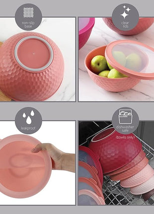 COOK WITH COLOR Mixing Bowls with Lids - 12 Piece Plastic Nesting Bowls Set includes 6 Prep Bowls and 6 Lids, Non Slip Bottom and Embossed Design - Microwave Safe (Rose)