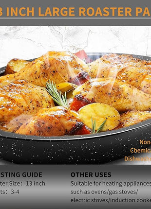 JY COOKMENT Granite Roaster Pan, Small 13” Enameled Roasting Pan with Domed Lid. Oval Turkey Roaster Pot, Broiler Pan Great for Small Chicken, Lamb. Dishwasher Safe Cookware Fit for 7Lb Bird