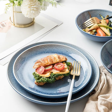 FAIT Round Stoneware 16pc Dinnerware Set for 4, Dinner Plates, Side Plates, Cereal Bowls, Mugs - Reactive Glaze Blue (463014)