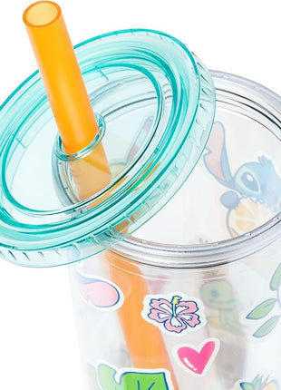 Silver Buffalo Disney Lilo and Stitch Cute Decals Featuring Scrump Plastic Boba Tumbler with Lid and Straw, 24 Ounces