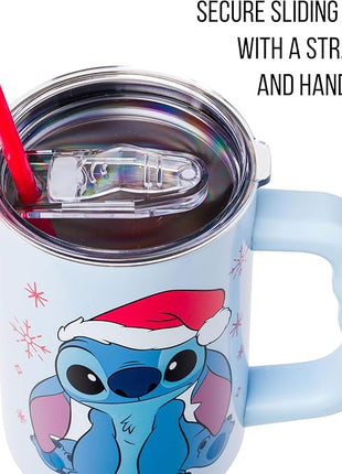 Silver Buffalo Disney Lilo and Stitch Christmas Holiday Santa Hat and Snowflakes Stainless Steel Tumbler with Handle and Straw, Fits in Standard Cup Holder, 40 Ounces