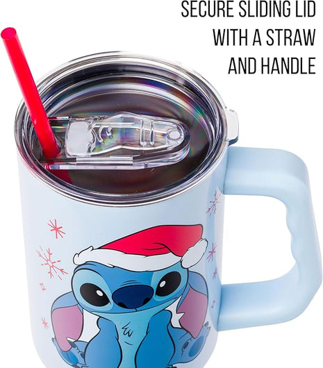 Silver Buffalo Disney Lilo and Stitch Christmas Holiday Santa Hat and Snowflakes Stainless Steel Tumbler with Handle and Straw, Fits in Standard Cup Holder, 40 Ounces