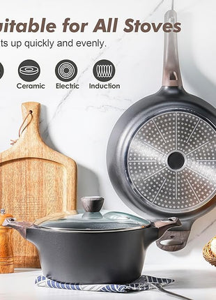 SENSARTE Pots and Pans Set Non stick, Non toxic Healthy Induction Cookware Set, 14 Pcs Non Stick Kitchen Cooking Set with Frying Pans Set & Saucepan, PFOA PFOS APEO Free, Black