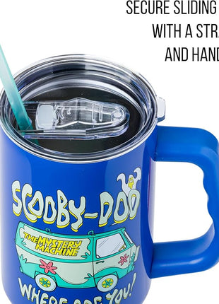 Silver Buffalo Scooby-Doo “Where Are You!” Stainless Steel Tumbler with Handle Featuring The Mystery Machine, Fits in Standard Cup Holder, 40 Ounces