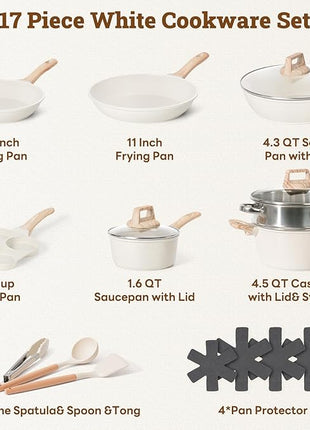 17 Pcs Pots and Pans Set Non stick，Cookware Sets White Granite Induction Cookware, Non-toxic Healthy Non Stick Kitchen Cooking Set with Frying Pans Set, Saucepans (PFAS, PFOA, PFOS Free) White