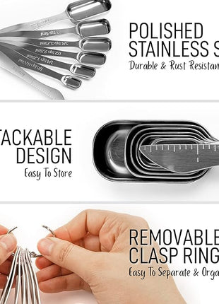 Zulay Heavy Duty Stainless Steel Measuring Spoons with Easy to Read, Slim Design for Narrow Spice Jars, 6 Piece Measuring Spoons with Etched Markings & Removable Clasp, Table Spoons Measuring Spoon