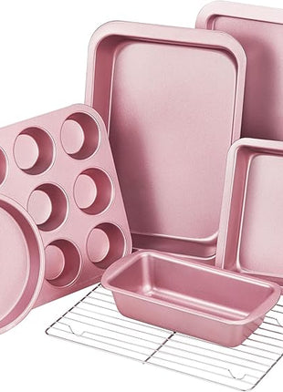 KITESSENSU Baking Pans Sets, Nonstick Bakeware Sets 7-Piece with Round/Square Cake Pan, Loaf Pan, Muffin Pan, Cookie Sheet, Roast Pan, Cooling Rack, Carbon Steel Bake Set Pink
