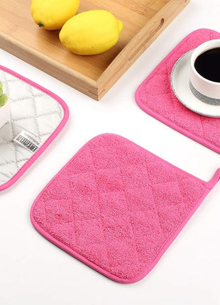 100% Cotton Kitchen Everyday Basic Terry Pot Holder Heat Resistant Coaster Potholder for Cooking and Baking Set of 5 (Dark Pink, Potholder)