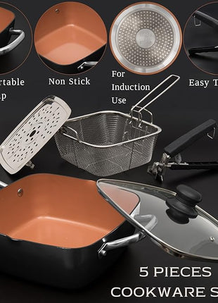 Moss & Stone 5 Pcs Black Copper Chef Cookware Non Stick Deep Frying Pan, Fry Basket, Steamer Rack, Dishwasher & Oven Safe, 5 Qt Deep Square Pan, Induction Copper Cookware Set - 9.5" x 3.5"