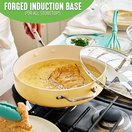 GreenLife Artisan Healthy Ceramic Nonstick, 5QT Saute Pan Jumbo Cooker with Helper Handle and Lid, Stainless Steel Handle, Induction, PFAS-Free, Dishwasher Safe, Oven Safe, Yellow