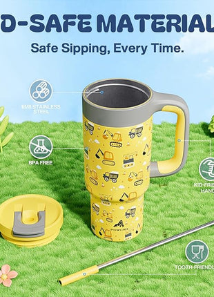 24 oz Stainless Steel Cup with Handle for Preschooler: BPA-Free, Lid with Straw, Easy to Clean, Car Cupholder Friendly, Insulated Tumbler for Playtime, Sports, Summer Camp, Vacation, Gift (Dig It Up)