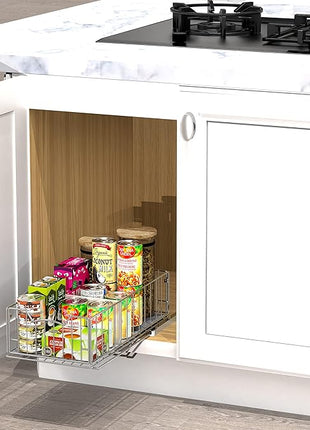 Simple Houseware Pull-Out Cabinet Sliding Basket Organizer, 17.2" D x 9.7" W x 5" H – Chrome Finished, Ideal for Kitchen and Bathroom Cabinet Storage, Under Sink or Pantry Organization