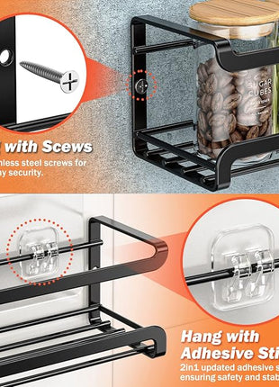 Spice Rack wall mounted 2 Pack, Space-Saving Spice Organizer for Spice Jars and Seasonings,Screw or Adhesive Hanging Spice Rack Organizer for Your Kitchen Cabinet,or Pantry Door