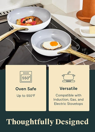 Caraway Fry Pan Duo - Nonstick Ceramic Frying Pan (8" & 10.5”) - Non Toxic, PTFE & PFOA Free - Oven Safe & Compatible with All Stovetops (Gas, Electric & Induction) - White