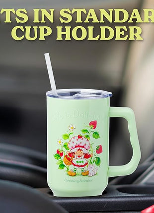 Silver Buffalo Strawberry Shortcake and Custard “Life is Delicious!” Stainless Steel Tumbler with Handle, Fits in Standard Cup Holder, 40 Ounces