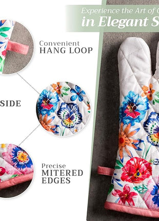 Maison d' Hermine Oven Gloves 100% Cotton Oven Mitt 7" x 13" with Loop Heat Resistant, BBQ, Cooking Gloves, Grilling, Kitchen, Handling Hot Pans Spring/Summer (Pack of 1, Happy Florals - High Summer)