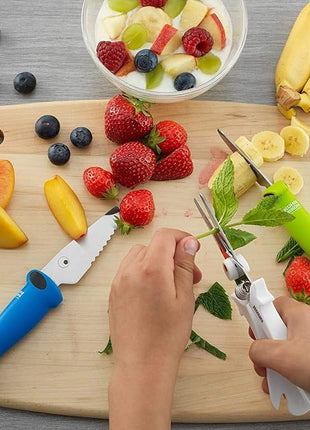 Kuhn Rikon Kinderkitchen® Kids Chef Knife Set With Scissors, 3 Pieces, Green/Blue/White| Cutting Tools Made for Real Cooking | Child Friendly Animal Designs With Hand Guard & Snipper Cover For Safety