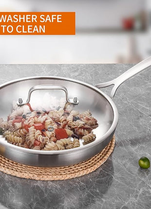 DELARLO Tri-ply Stainless Steel Frying Pan Set with Lid 8" 10" 12" large Skillets Induction Chef's Pan,Pots and Pans Set Kitchen Cookware Frying Pan Set Dishwasher and Oven Safe