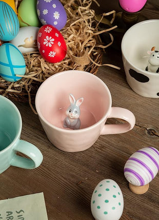 DIHOclub Rabbit Ceramic Cup Hidden 3D Animal Inside Mug,Cute Cartoon Bunny Handmade Figurine Mugs,Easter Gifts,12 OZ (Pink)