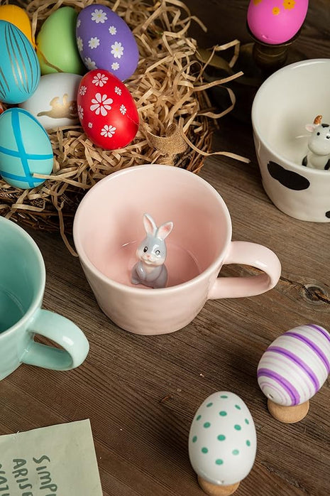 DIHOclub Rabbit Ceramic Cup Hidden 3D Animal Inside Mug,Cute Cartoon Bunny Handmade Figurine Mugs,Easter Gifts,12 OZ (Pink)