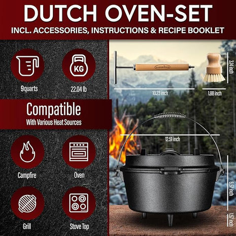 Pre-Seasoned Dutch Oven Set - 9 Quart Cast Iron Dutch Oven Pot with Lid, Fire Pot with Feet for Bread Baking & Cooking - Includes 2-in-1 Lid Lifter, Brush & Recipe Book [for 4-7 People]