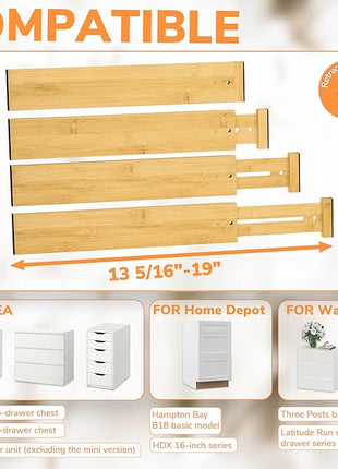 BAMEOS Drawer Divider,Expandable Bamboo Separators Adjustable Utensil Knife Fork Tool Kitchen Organizer, Clothes Fabric Drawer Organizer In Bathroom Bedroom Office, Cabinet Dresser Organizer 4-pack