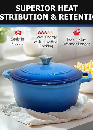 MUELLER HOME 4.5 QT Enameled Cast Iron Dutch Oven, Heavy-Duty Casserole Dish and Braiser Pan with Lid and Stainless Knob, Oven-Safe up to 500° F & Across All Cooktops, Aqua Blue