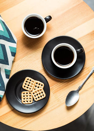 YHOSSEUN 3 Ounces Espresso Cups with Saucers Set, Porcelain Latte Cups and Metal Stand Demitasse Cups for Espresso, Latte, Cafe Mocha, Cappuccino and Tea, Set of 6, Black