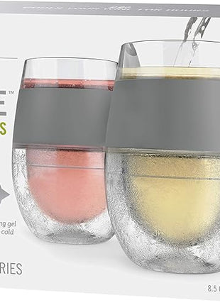 HOST 2962 Freeze Stemless Red & White Wine Tumbler Cups, Insulated Plastic Glass, Set of 2, 8.5 oz, Grey Silicone Bands