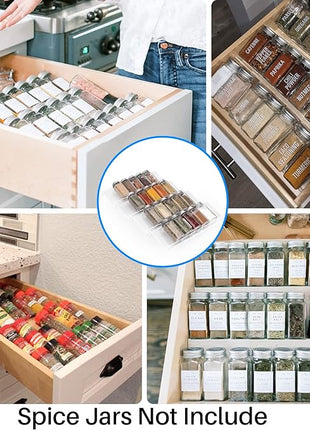 Antimbee Spice Drawer Organizer, 4 Tier- 4 Pack Acrylic Spice Rack Tray for Drawer, Expandable From 13" to 26" Kitchen Spice Rack Tray for Countertop Holds up 28 Spice Jars (Jars not Include)