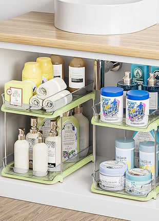 Delamu 2-Tier Multi-Purpose Bathroom Under Sink Organizers and Storage, Stackable Kitchen Pantry Organization, Pull Out Medicine Cabinet Organizer with Movable Dividers, Green, 2 Pack