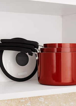Tramontina Aluminum Non Stick 6-Piece Nesting Sauce Pan Set with Lids - Red, Kitchen Nonstick Cookware Set, Dishwasher and Oven Safe