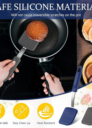 Silicone Cookie Spatula Turner 2 Pack Mini Brownie Spatula Flexible Kitchen Small Silicone Turner for Nonstick Cookware Heat Resistant No Scratch Flipper for Egg Pancake(Gray, Blue)