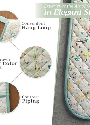 Maison d' Hermine Double Oven Mitts 100% Cotton 7"x35" Double Oven Mitt Heat Resistant BBQ Cooking Gloves with Loop, Baking, Grilling, Home, Kitchen, Handling Hot Pans Spring Summer (Colmar)