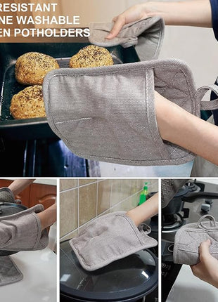 Pot Holders Yarn-Dyed Set of 3 Non Slip Silicone Kitchen Lines Heat Resistant 500℉ Kitchen Gloves BBQ Cooking Baking Cooking Barbecue Microwave Machine Washable (Khaki Pot Holders)