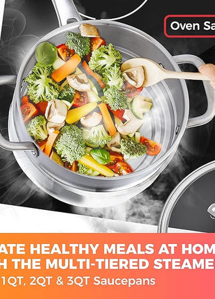 Mueller Pots and Pans Set 17-Piece, Ultra-Clad Pro Stainless Steel Cookware Set, Ergonomic EverCool Handle, Induction Cookware, Includes Saucepans, Skillets, Dutch Oven, Stockpot, Steamer For Cooking