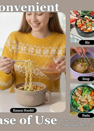 AI LOVE PEACE Ramen Bowl, 40 oz Microwaveable Noodle Cooker for Ramen, Pho, Soup, and Pasta, Dishwasher Safe and Portable, Ideal for Home, Office, Dorm, or Gift (Beige)