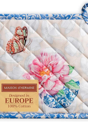Maison d' Hermine Pot Holders 100% Cotton Heat Resistant Potholders 8" x 8" Hot Pads with Loop BBQ, Cooking, Baking, Grilling, Kitchen, Handling Hot Pans Spring/Summer (Pack of 1, Canton)