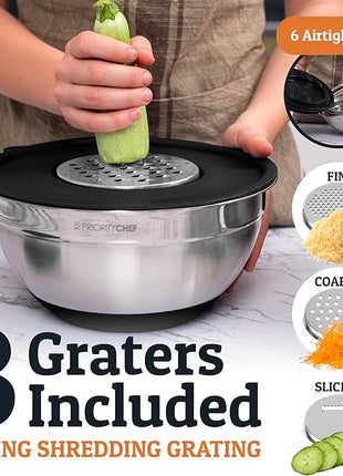 Priority Chef Stainless Steel Mixing Bowls with Lids Set - Premium 30Pcs with 6pc Metal Bowl Set for Kitchen, 3 Graters, Airtight Lids, Non-Slip Bases & Silicone Utensils, Black