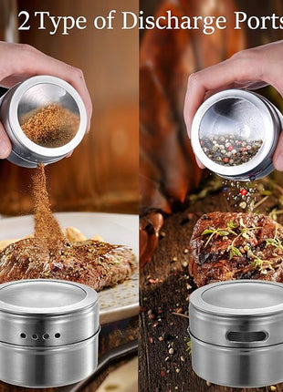 Upgrade Magnetic Spice Jars 12pcs with Wall Mounted,Stainless Steel Spice Tins with Lid and Small Holes for Sprinkle Rust Free Easy to Clean Includes 94 Labeling Stickers by Beeyoka
