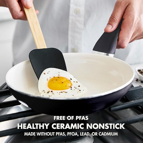 GreenPan Rio Healthy Ceramic Nonstick 8" Frying Pan Skillet and Silicone Spatula Set, Soft Grip Handle, Breaktfast Meal Set, PFAS-Free, Dishwasher Safe, Oven Safe, Black