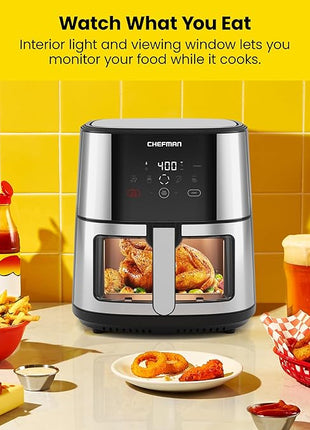 CHEFMAN Easy-View Air Fryer – 8 Qt Family Size with Viewing Window, One-Touch Digital Control with 4 Presets, Nonstick & Dishwasher Safe, Broil, Roast, Dehydrate, Bake, Auto-Shutoff, Stainless Steel