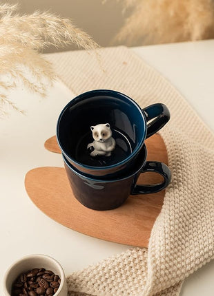DIHOclub Racoon Ceramic Cup Hidden 3D Animal Inside Mug,Cute Cartoon Handmade Figurine Mugs,Holiday and Birthday Gift for Coffee Milk Tea Lovers,12 OZ(Dark Blue)