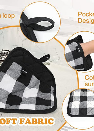 Joyhalo 4 Pack Pot Holders for Kitchen,Cotton Oven Holder with Great Heat Resistance,Non Slip Hot Pads for Kitchen Clearance,Black and White