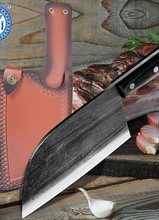 XYJ Authentic Since 1986,Outstanding Ancient Forging, 7.5 Inch Full Tang, Serbian Chefs knife,Chef Meat Cleaver,Kitchen Knives,Set with Leather Sheath,Take Carrying,Butcher