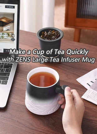 ZENS Tea Mug with Infuser and Lid for Loose Leaf Tea Steeper, 16.9oz Embossed Ceramic Tea Cup with Fine Tea Strainers, Wood Handle Large Diffusers Mugs for Tea Lovers Gifts