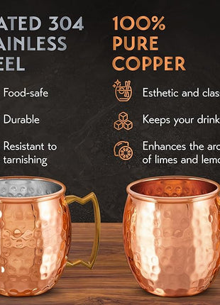 Gift Set Moscow Mule Mugs Set of 4 16 oz Copper Plated Stainless Steel 4 Straws 4 Coasters Jigger Shot Glass Stirring Spoon, Cleaning Brush